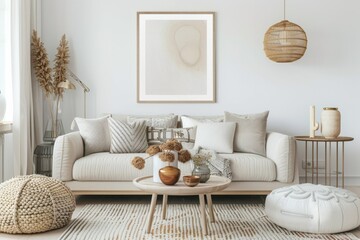 A brown couch, wood table, ottoman, and picture frame in a white living room