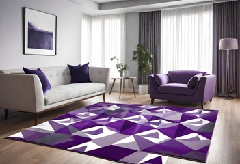 Vibrant purple and white rug as the focal point of a trendy living room, A cozy living room featuring a stylish purple and white rug, Contemporary living room design complemented.