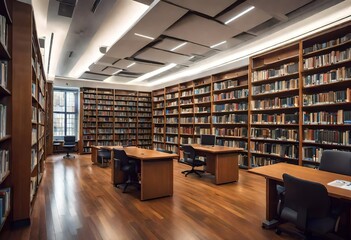 Book-filled library room with study desks for readers, Quiet study area with countless books on shelves, A library filled with rows of books and study desks. - obrazy, fototapety, plakaty