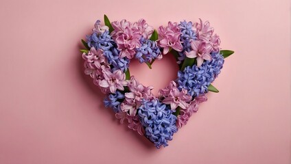 Hyacinth flowers in hole in heart shaped form over pink punchy pastel background, Top view, flat lay, Banner