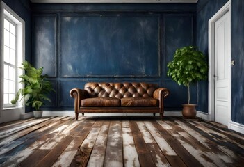 Relaxing den featuring blue walls and leather sofa, Cozy blue-walled lounge with leather couch, Stylish blue room with leather sofa.
