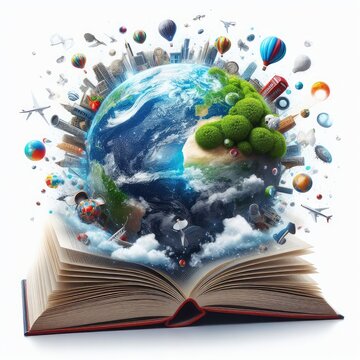 World book day, earth comes out of a book isolated on a white background