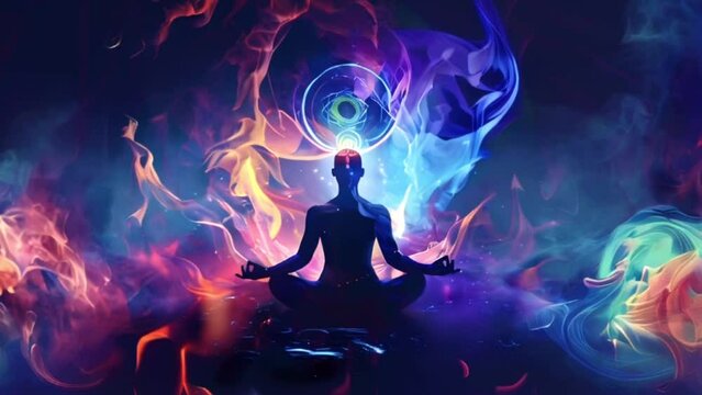 Cosmic meditation with silhouette against colorful energy waves and chakras. Yoga lotus pose