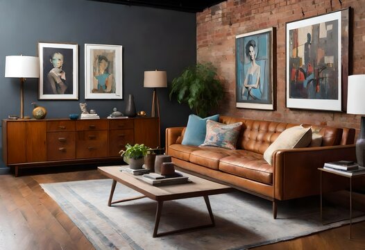 Warm and stylish setup with framed pictures and brown leather furniture, Inviting space featuring brown leather furniture and wall art, Cozy living room with brown leather furniture.