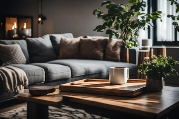 Charming living room featuring plant and coffee table, Relaxing space adorned with plant and coffee table, Homey interior with plant and coffee table.