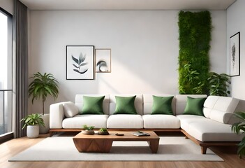 Elegant white lounge with lively green plants and a central coffee table, Tranquil living space adorned with fresh greenery and a chic coffee table, Serene white living room with lush green plants.