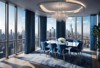 Dining space with panoramic city views, City skyline as seen from a modern dining room, Urban elegance: dining area overlooking city lights. - obrazy, fototapety, plakaty