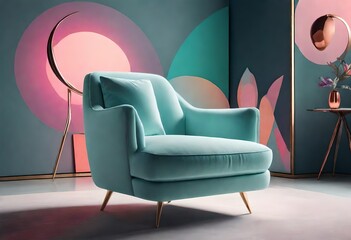 Turquoise seat contrasted with vivid backdrop, Bright turquoise chair in front of colorful...