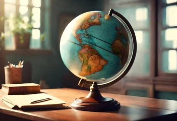 Papier Peint photo Lavable Europe du nord Geography in the workplace: Globe decoration in an office, Office essentials: Globe on a work desk, World at your fingertips: Desk with a globe.