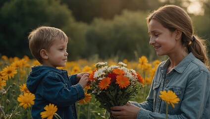 Child son gives flowers for mother on holiday