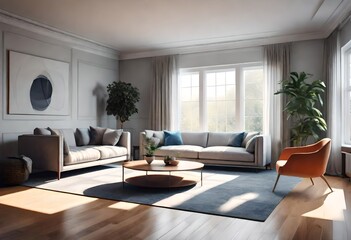 Obraz na płótnie Canvas Modern living room setup with elegant sofas and a sleek coffee table, Inviting space with comfortable seating and a central coffee table, Cozy living room with plush couches.