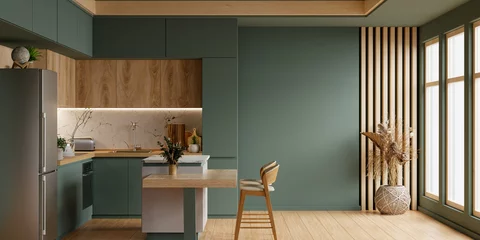 Papier Peint photo autocollant Échelle de hauteur Cozy modern kitchen room interior design with dark green wall