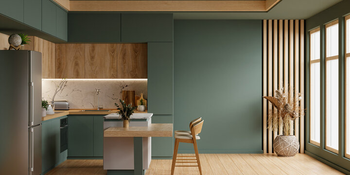 Cozy modern kitchen room interior design with dark green wall