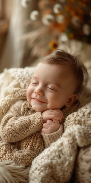 Baby Sleeping and Smiling Serenely and Calmly in the Crib