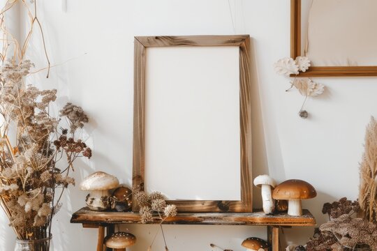 Wooden picture frame hangs near shelf with dried flowers and mushrooms in room