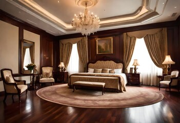 Roomy sleeping area with a sizable bed and beautiful chandelier overhead, Spacious bedroom with a grand bed and stunning chandelier, Luxurious bedroom featuring a large bed and elegant chandelier. - obrazy, fototapety, plakaty