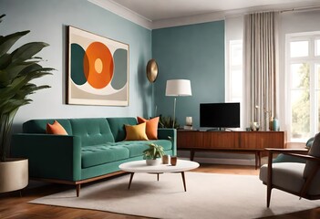 Chic interior design featuring teal walls and a green couch, Cozy and stylish living space with green sofa on teal backdrop, Vibrant teal-walled living room with a green couch.