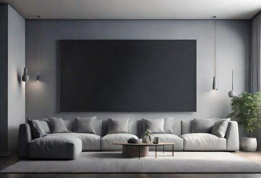 Chic black-and-grey décor featuring large canvas art, Modern interior with bold black painting as focal point, Stylish grey living room with striking black artwork on wall.