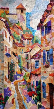 contemporary quilts, a village in france, whimsical weaving, luminous pointillism, romantic charm, illustration made with generative AI