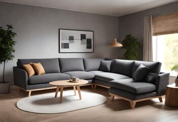 Inviting living room with sleek grey sectional sofa, Stylish gray sectional as focal point in living room, Elegant grey sectional sofa in a well-decorated living space.