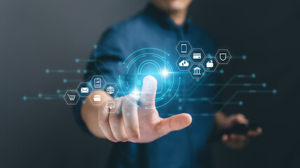 Businessman protecting personal data on.smart phone with virtual screen interfaces. Cybersecurity and privacy concepts to protect data. Lock icon and internet network security technology.