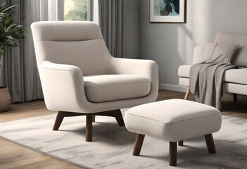 Chic white chair and ottoman in a sleek home environment, Minimalist white chair and ottoman in stylish living space, Elegant white chair and ottoman in contemporary interior.