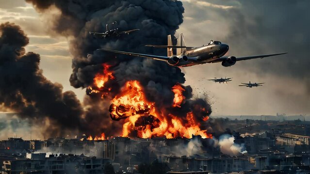 WARPLANES BOMBING A CITY. DESTRUCTION, SMOKE AND FIRE. VIDEO. HORIZONTAL