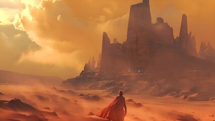 Lone Figure Wandering in Vast Desert Landscape with Ai generated.
