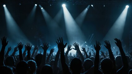 stage show musical honor hands raised concert people crowd music night nightlife disco up club dj fun event dance nightclub popular techno hand happy party entertainment silhouette - obrazy, fototapety, plakaty
