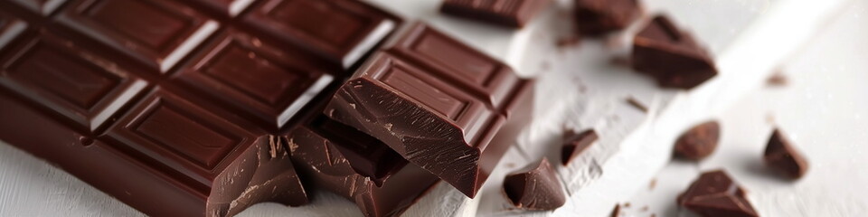 Dark chocolate bar and broken pieces on white background. Closeup view, panorama banner.