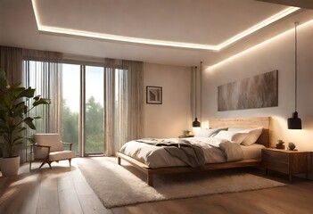 Sleek and contemporary bedroom featuring a wooden floor and stylish LED lights, Cozy modern bedroom with warm wooden floor and ambient LED lighting, Stylish bedroom décor with a wooden floor.