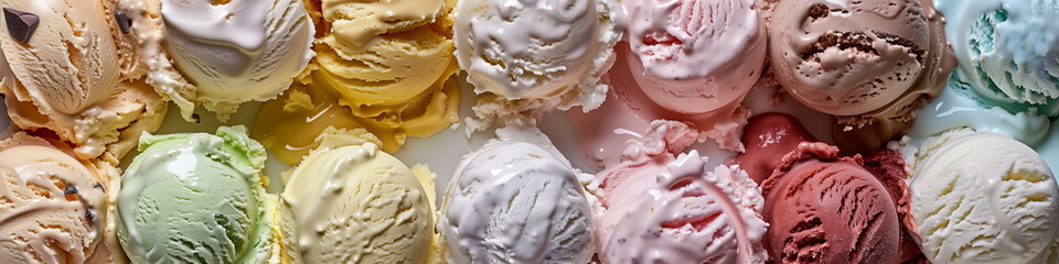 Set of ice cream scoops of different flavors. Closeup view, panorama banner.
