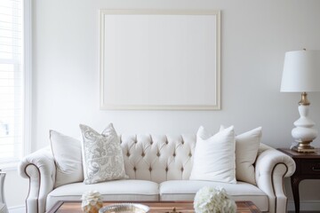 Rectangle grey picture frame above couch in living room
