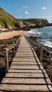 OLD WOODEN BRIDGE, ACCESS TO THE BEACH. VIDEO, VERTICAL.