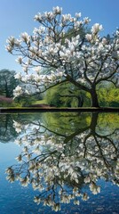 At the edge of the pond, a magnolia tree is in full bloom with white flowers. The water in the pond is very clear, reflecting the tree and the blue sky, illustration made with generative AI