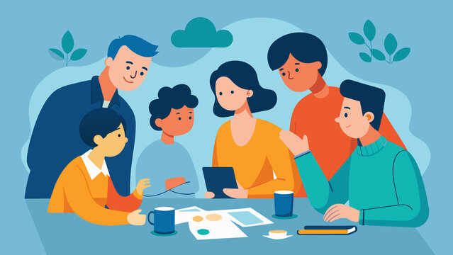 A sketch of a family at a budgetplanning meeting discussing strategies to effectively manage their money and alleviate financial stress.