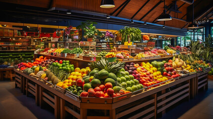 Fototapeta na wymiar Vibrant fruit and vegetable market stalls display an array of fresh produce.