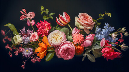 Diverse floral arrangement featuring a spectrum of flowers and colors on a dark backdrop.