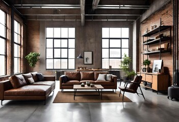 Industrial living space featuring leather sofas and expansive windows, Modern industrial décor with leather seating and large windows, Spacious living room with leather furniture and natural light. - obrazy, fototapety, plakaty