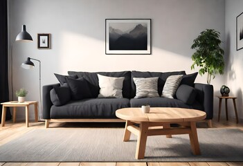 Chic living room décor with black couch and wooden coffee table, Contemporary setup featuring a black sofa and wooden table, Modern living room with sleek black couch and wooden table.