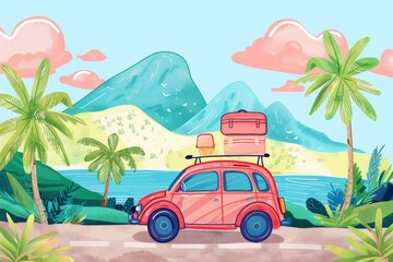 Car Rental  Exploring destinations at your own pace, handdrawn illustration, dreamy background