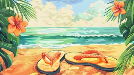 Fototapeta na wymiar Flip Flops Beach and casual travel, handdrawn illustration, dreamy background