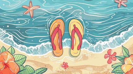 Flip Flops  Beach and casual travel, handdrawn illustration, dreamy background