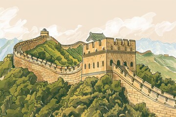 Great Wall of China  Historic fortification, handdrawn illustration, dreamy background