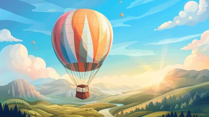 Hot Air Balloon  For a birdseye view of landscapes, handdrawn illustration, dreamy background
