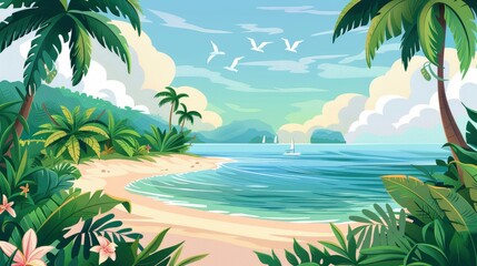 Island  Tropical escapes, handdrawn illustration, dreamy background