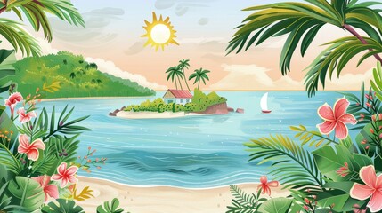 Island  Tropical escapes, handdrawn illustration, dreamy background