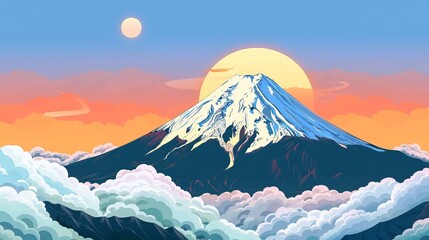 Mount Fuji  Iconic Japanese mountain, handdrawn illustration, dreamy background