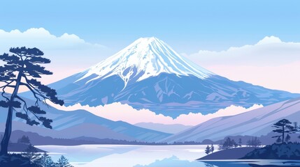 Mount Fuji  Iconic Japanese mountain, handdrawn illustration, dreamy background