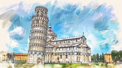 Leaning Tower of Pisa  Famous for its tilt, handdrawn illustration, dreamy background